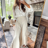 Risen Taupe Shirring Detail Pull On Linen Pants