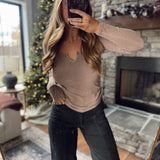 Mocha Kaloni Ribbed Notch Long Sleeve