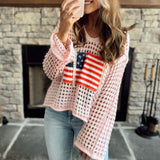 POL Pink American Flag Hooded Crochet Knit Pullover