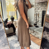 Espresso Asymmetrical Drape Mock Neck Midi Dress