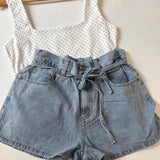 Light Denim Gathered Waist Shorts