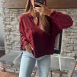 Good To Go Oxblood Textured Split Neck Top