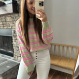 Flirting Fireside Sage/ Pink Crochet Stripe Sweater