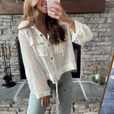 Warm Breeze Cream Floral Gauze/Mesh Mix Hooded Button Down