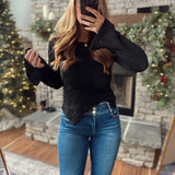 Hannah Handkerchief Hem Textured Black Long Sleeve