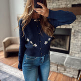 Navy Rose Embroidered Cardigan