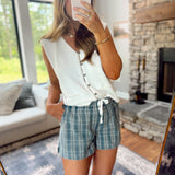 Denim Plaid Elastic Waist Shorts