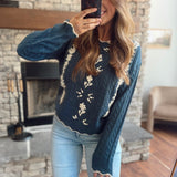 Teal Floral Embroidered Cable Knit Sweater