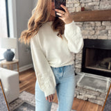 Ivory Floral Knit Puff Sleeve Sweater
