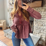 Burgundy Washed Thermal Peplum Top