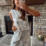 Blue Blossom Floral Linen Tank with Layered Hem