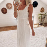 Ella White Square Neck Corset Tie Adjustable Waist Button Down Midi