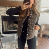 Brown Plaid Mock Neck Puffer Vest