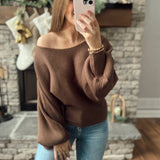 Believer Brown Boat Neck Balloon Sleeves Cropped Rib Knit Sweater
