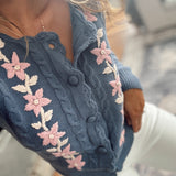 Denim Blue Embroidered Pointelle Cardigan