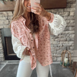 Rose Pink Floral Sweater Sleeve Gauze Button-Up