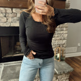 Black Pointelle Lettuce Edge Long Sleeve