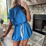 Hot Stuff Blue Cotton Terry Pearl Studded Cropped Bubble Hem Top