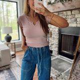 Light Mauve Short Sleeve Lace Trim Top