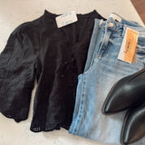 Black Azalea Floral Embroidered Tie Front Blouse