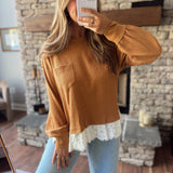 Sepia Lace Trim Thermal Knit Top