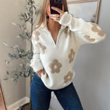 White/Brown Quiet Bloom Half Zip Sweater