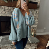 Tracey Blue Multi Stripe V-Neck Pullover Sweater w/ Side Pockets
