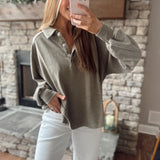 Olive Casual Outing Mineral Washed Polo Sweatshirt