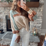 Oatmilk Multi V-Neck French Terry Colorblock & Lace Long Sleeve