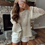 Courtney Natural Crochet Knit Long Sleeve Pullover