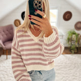 Lavender Latte V-Neck Cropped Striped Sweater IN STORE