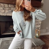 Jazzy Dusty Blue Embroidered French Terry Long Sleeve Henley