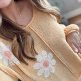 Apricot Exposed Seam Flower Pattern Knit 3/4 Sleeve