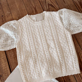 Ecru Eyelet Puff Sleeve Sweater Top