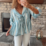 Cloud Wash Embroidered Collar Button Down Short Sleeve