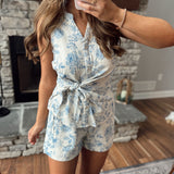 Vintage Blue Blossoms Linen Sleeveless Button Up Blouse