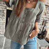 Olive/White Plaid Button Up Blouse