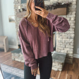 Dark Cherry Washed Waffle Crop Hoodie