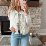 Modern Chic White/Blue Pin Stripe Front Ties Puffer Vest