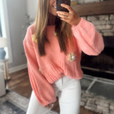 Presley POL Coral Flower Patch Chunky Knit Crew Sweater