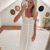 Ella White Square Neck Corset Tie Adjustable Waist Button Down Midi