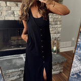 Karly Black Sleeveless Button Down Midi with Built in Bralette