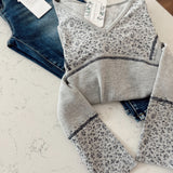 Gracie Heather Grey V-neck Floral Detailed Long Sleeve