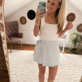 Luxe Moment Ice Blue Denim Wrap Skirt with Front Ties