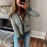 Dark Sage Check & Stripe Contrast Cardigan