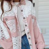 Delaney Pink Denim/Lace Button Down Shacket
