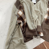 Rustic Olive Plaid Patch Work V-Neck Cropped Knit