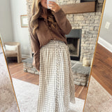 Light Khaki Plaid Button Midi Skirt