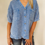 Slow Your Roll Blue Gauze Button-Up