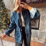 Risen Dark Leather Collar Oversized Denim Jacket